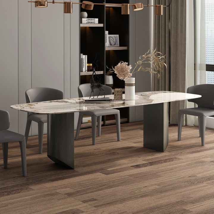 Monolith Sintered Stone Dining Table and 6 Chair Set with Sculptural Pedestal Base - Greenora Living