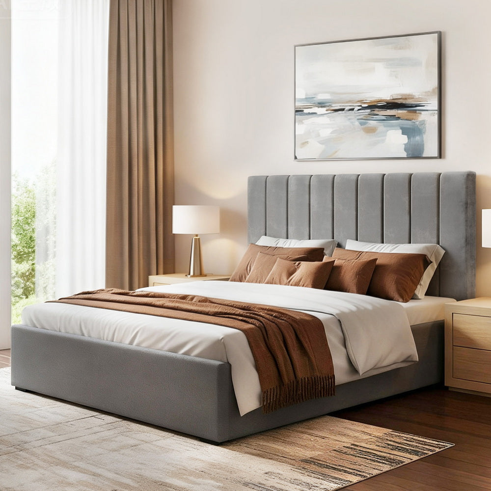Toki Grey Art Deco Velvet Queen Bed Frame – Gas Lift Storage | Faux Linen Base | 300kg - Greenora Living