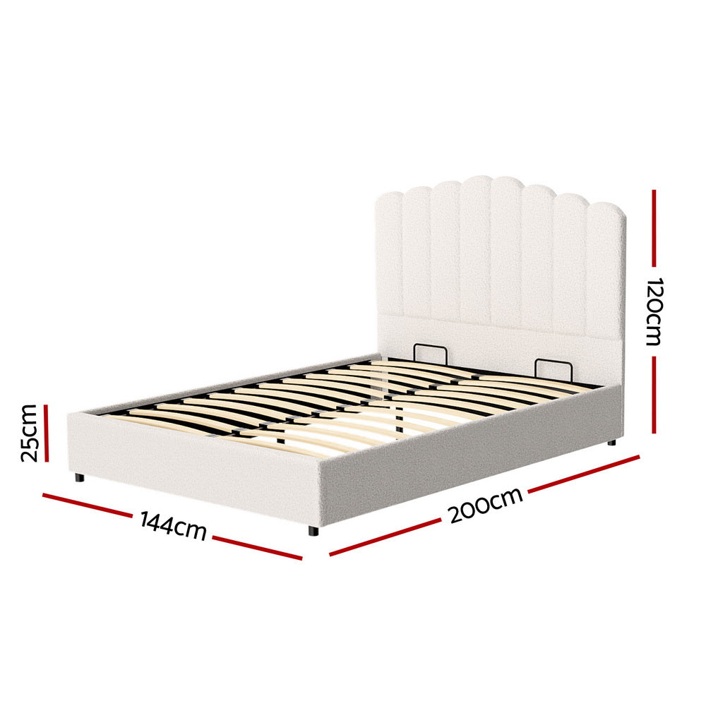 Fion Beige Boucle Double Bed Frame – Gas Lift Storage | Padded Headboard | 300kg Capacity - Greenora Living