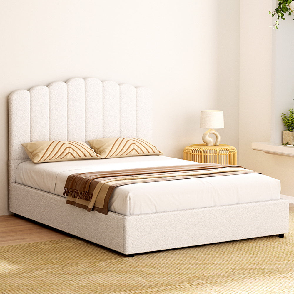 Fion Beige Boucle Double Bed Frame – Gas Lift Storage | Padded Headboard | 300kg Capacity - Greenora Living