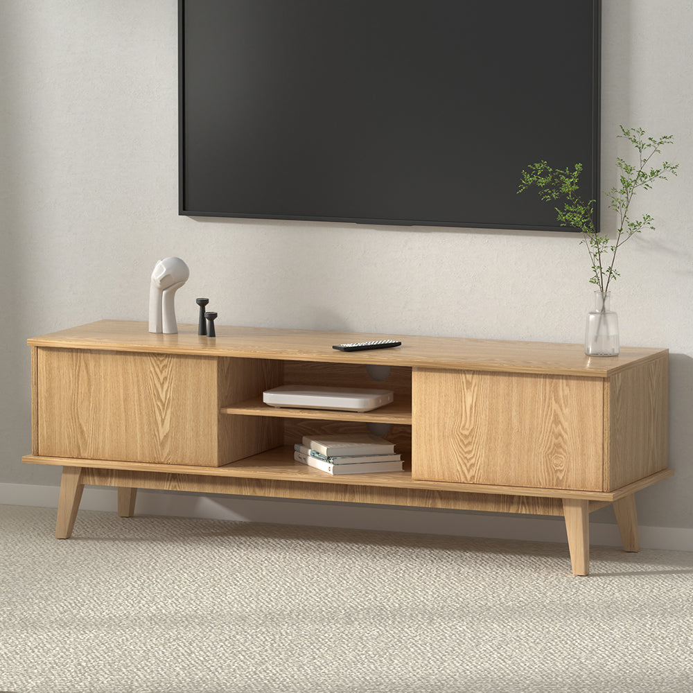 Refined Pine TV Entertainment Unit – 2 Deep Cabinets & Tempered Glass Shelf | 140cm - Greenora Living