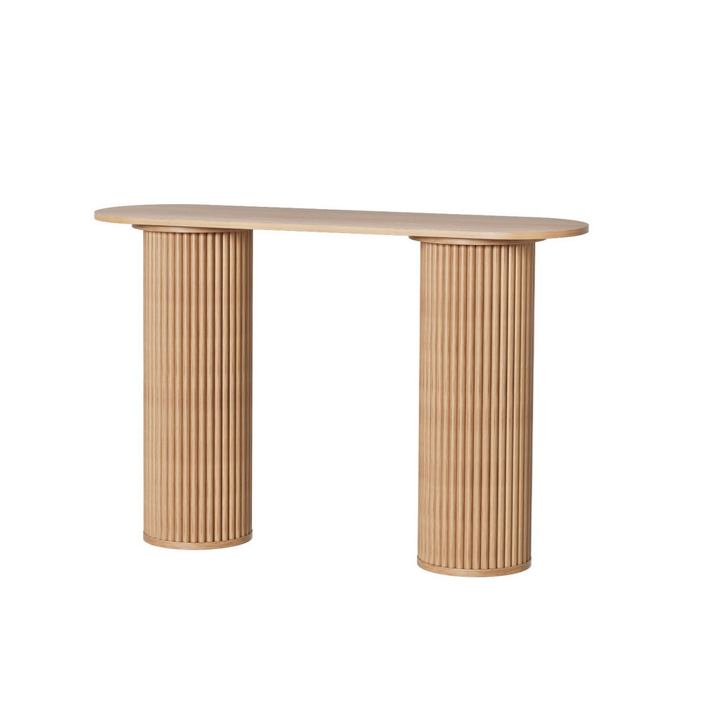 Blake Console Table – Oval Tabletop, Fluted Paulownia Wood Base & Ash Veneer Finish | 50kg | 115cm | Pine - Greenora Living