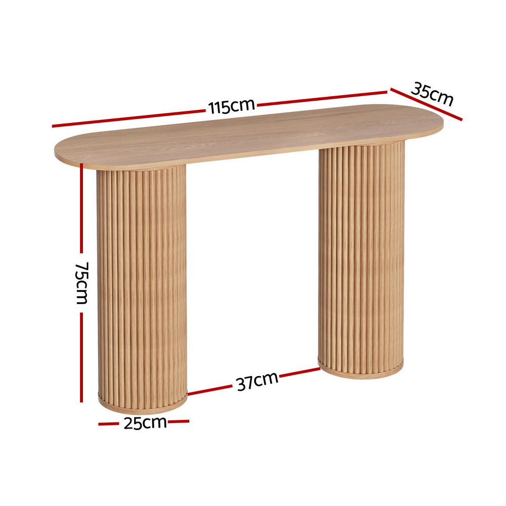Blake Console Table – Oval Tabletop, Fluted Paulownia Wood Base &amp; Ash Veneer Finish | 50kg | 115cm | Pine - Greenora Living