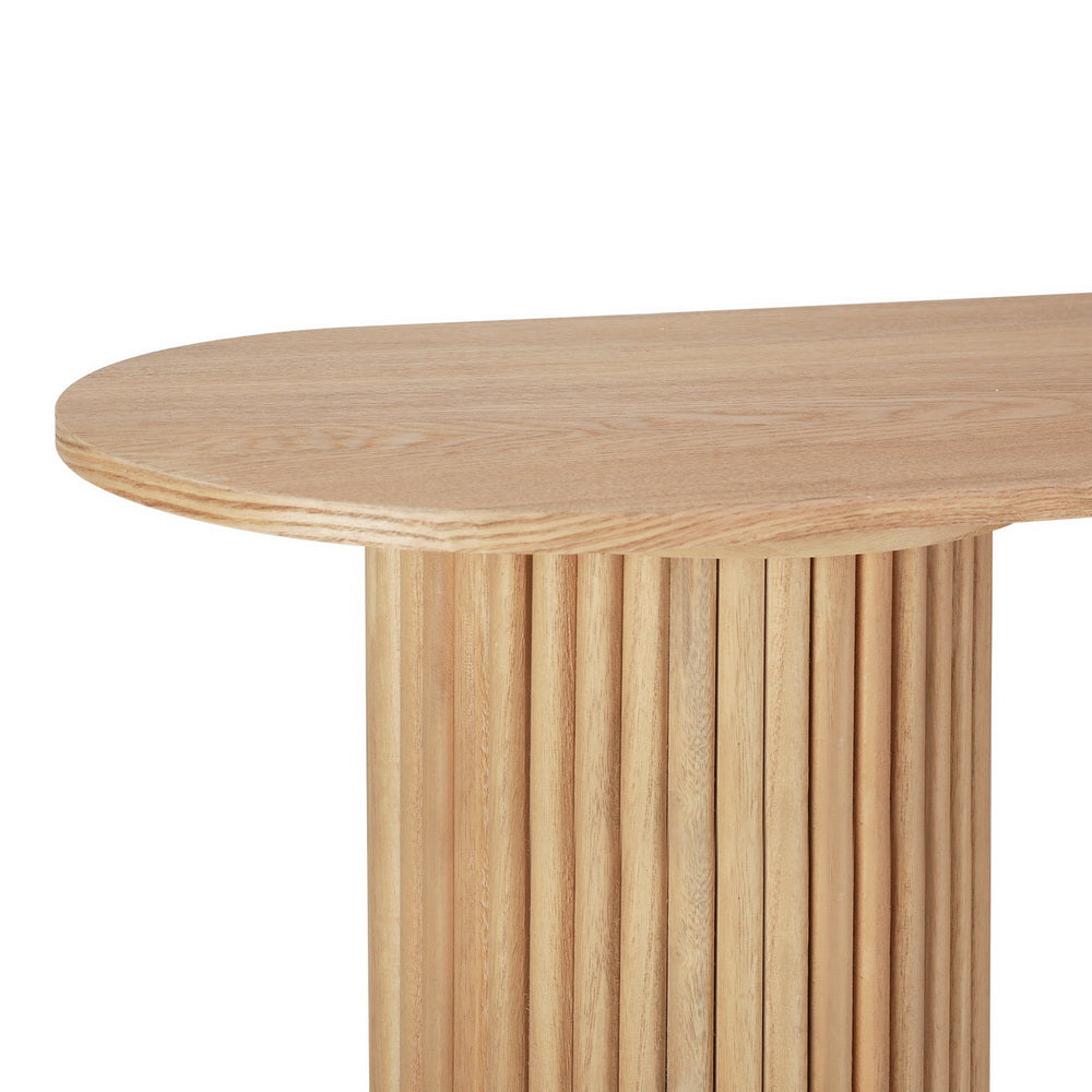 Blake Console Table – Oval Tabletop, Fluted Paulownia Wood Base &amp; Ash Veneer Finish | 50kg | 115cm | Pine - Greenora Living