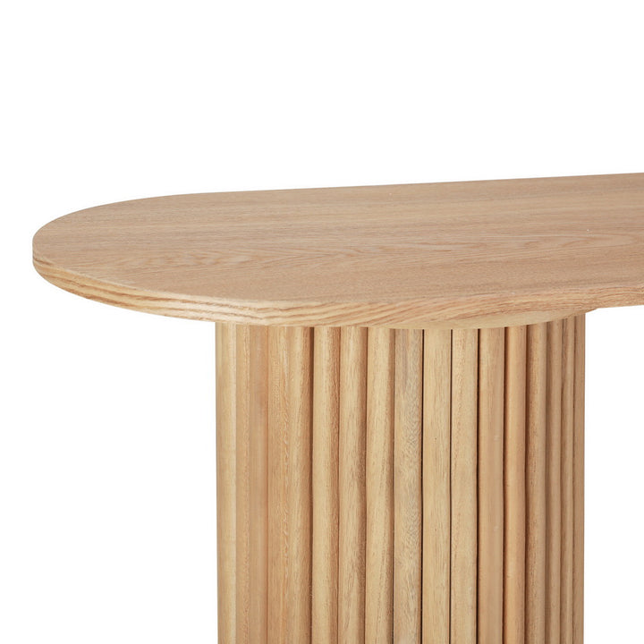 Blake Console Table – Oval Tabletop, Fluted Paulownia Wood Base &amp; Ash Veneer Finish | 50kg | 115cm | Pine - Greenora Living