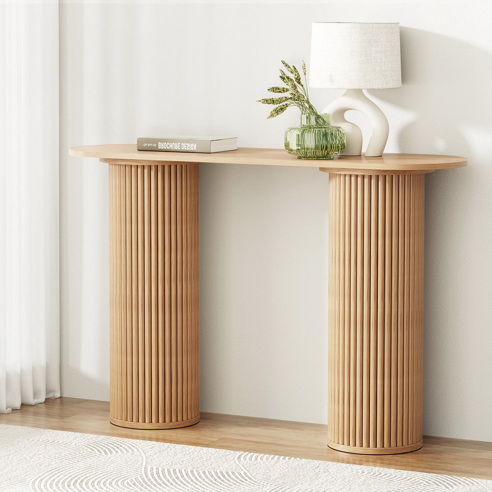 Blake Console Table – Oval Tabletop, Fluted Paulownia Wood Base & Ash Veneer Finish | 50kg | 115cm | Pine - Greenora Living
