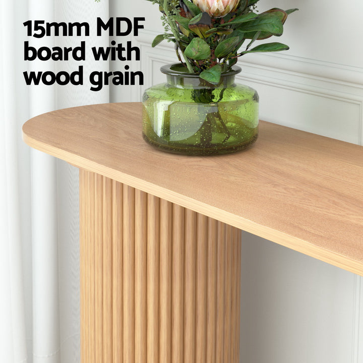 Blake Console Table – Oval Tabletop, Fluted Paulownia Wood Base &amp; Ash Veneer Finish | 50kg | 115cm | Pine - Greenora Living