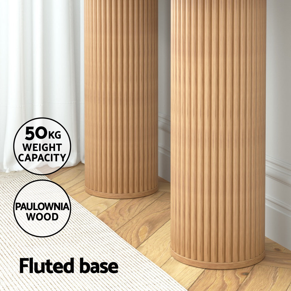 Blake Console Table – Oval Tabletop, Fluted Paulownia Wood Base &amp; Ash Veneer Finish | 50kg | 115cm | Pine - Greenora Living