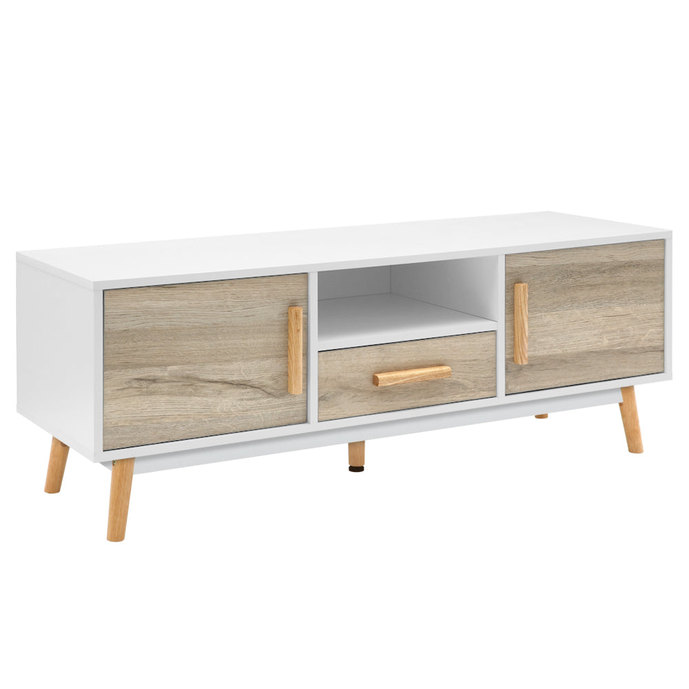 Gino Scandi TV Cabinet – 2 Doors, 1 Drawer, Splayed Rubber Wood Legs & Anti-Scratch Veneer | 120cm | White & Wood - Greenora Living