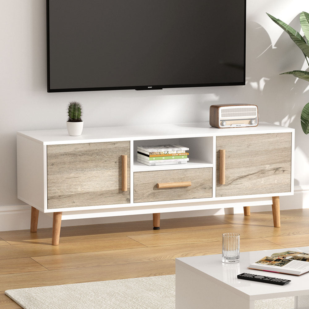 Gino Scandi TV Cabinet – 2 Doors, 1 Drawer, Splayed Rubber Wood Legs & Anti-Scratch Veneer | 120cm | White & Wood - Greenora Living