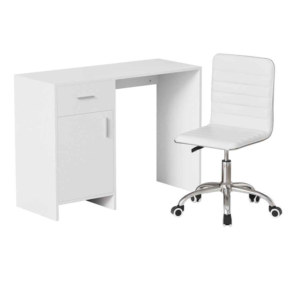 Home Office Desk & Chair Set – 100cm Desk with Drawer & Cabinet | PU Leather Chair | White - Greenora Living