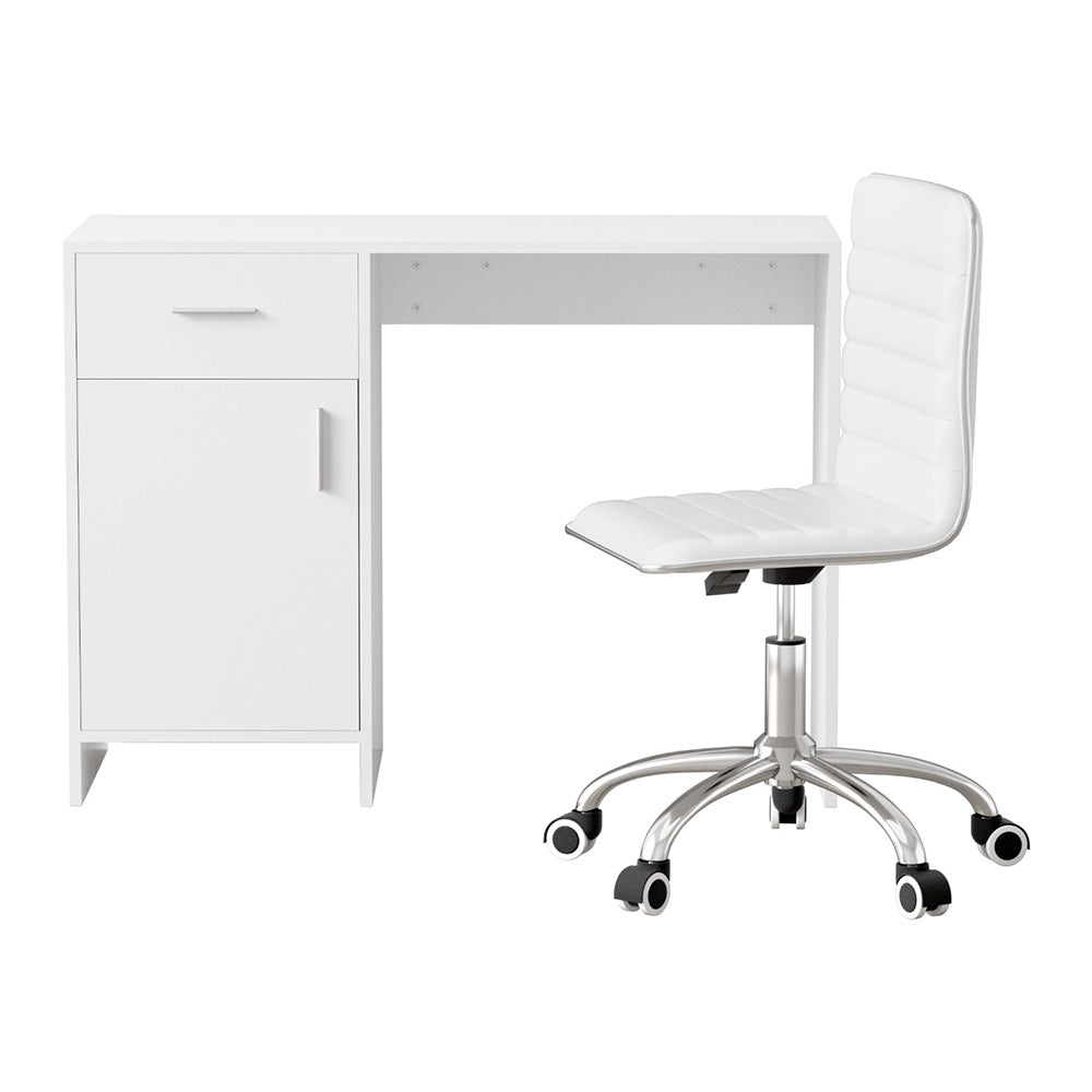 Home Office Desk & Chair Set – 100cm Desk with Drawer & Cabinet | PU Leather Chair | White - Greenora Living