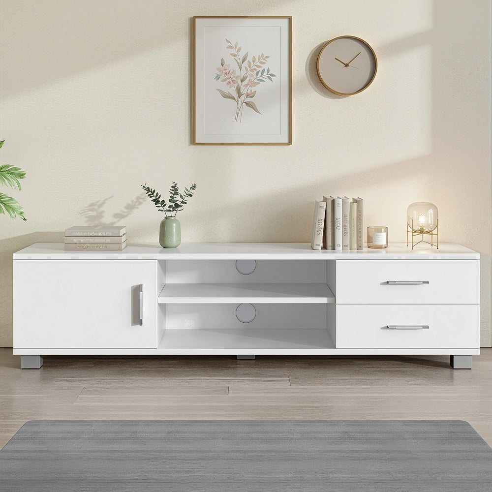 Dylan White TV Entertainment Unit – 1 Cabinet, 2 Drawers, 2 Open Shelves & Aluminium Handles | Melamine | 120cm - Greenora Living