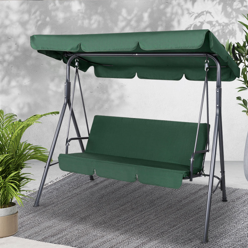 3-Seater Outdoor Swing Chair with Adjustable UV Canopy – Dark Green - Greenora Living