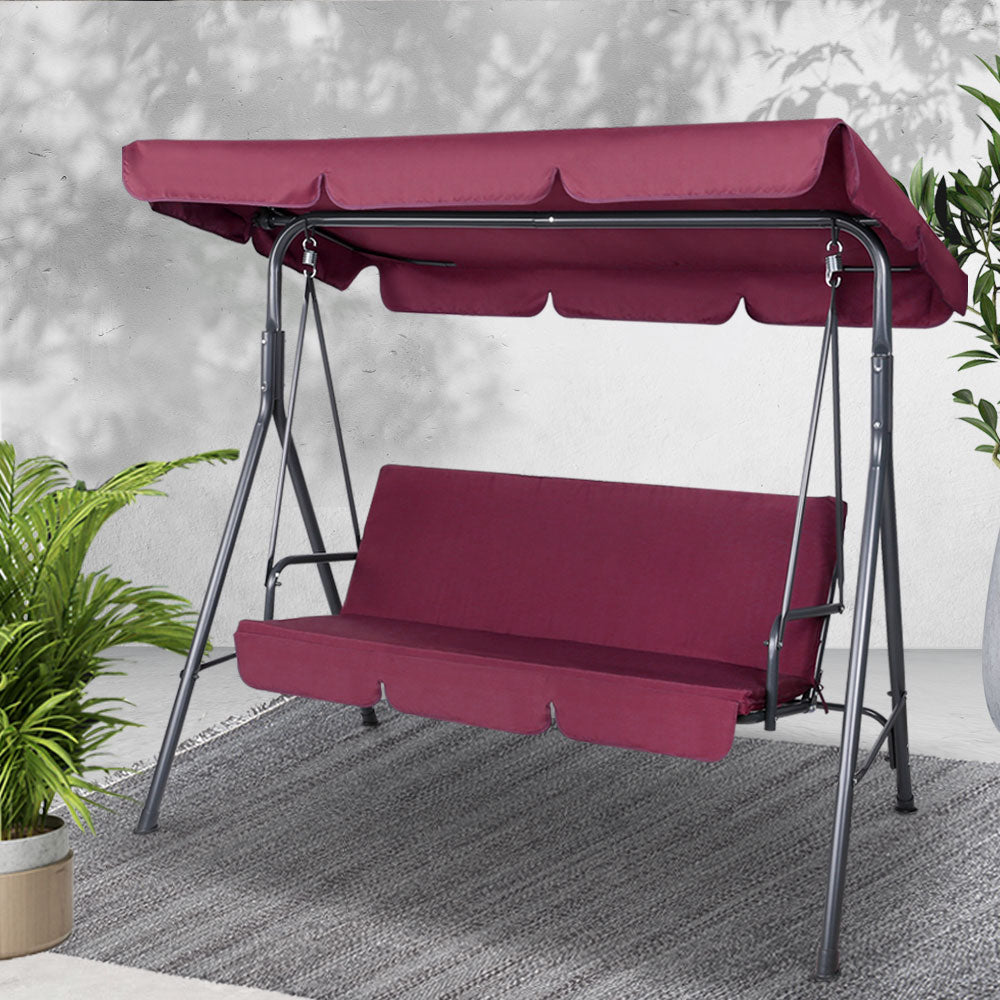 3-Seater Outdoor Swing Chair with Adjustable UV Canopy – Wine Red - Greenora Living