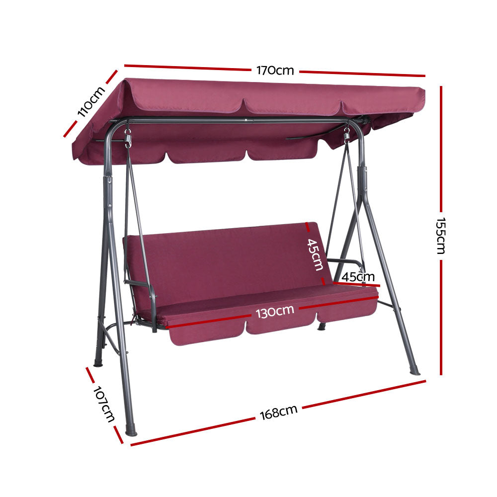 3-Seater Outdoor Swing Chair with Adjustable UV Canopy – Wine Red - Greenora Living
