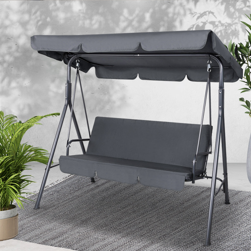 3-Seater Outdoor Swing Chair with Adjustable UV Canopy – Grey - Greenora Living