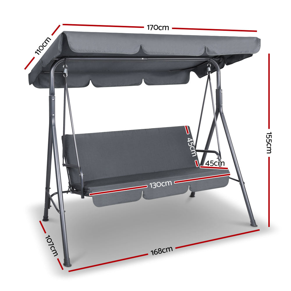 3-Seater Outdoor Swing Chair with Adjustable UV Canopy – Grey - Greenora Living