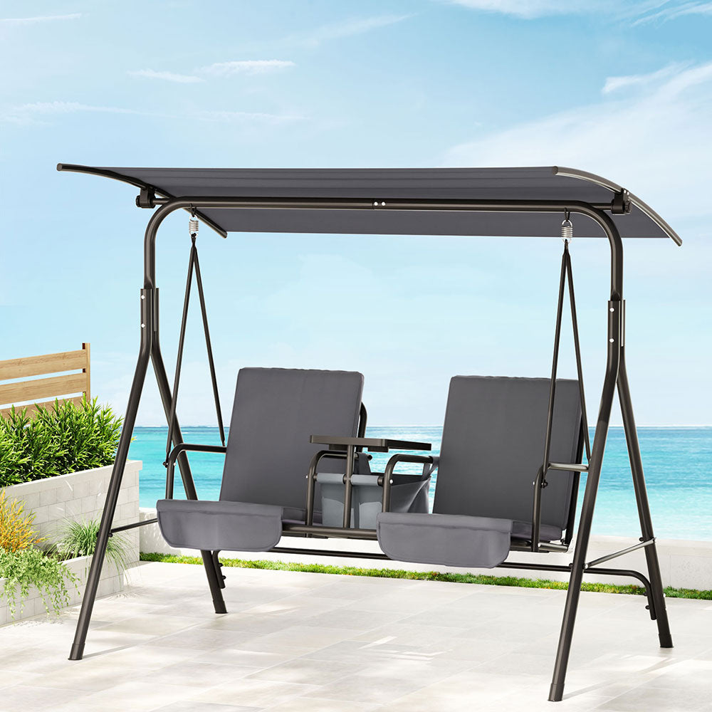 2-Seater Outdoor Swing Chair with UV Canopy & Cup Holders – Grey - Greenora Living