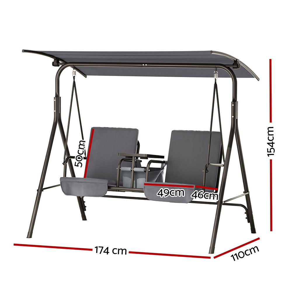 2-Seater Outdoor Swing Chair with UV Canopy & Cup Holders – Grey - Greenora Living
