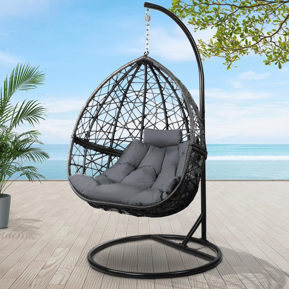 Slate Rattan Hanging Egg Pod Chair with Stand – 100% Hand-Woven Wicker | 360° Swivel | Cushion Included | 150kg | Grey - Greenora Living