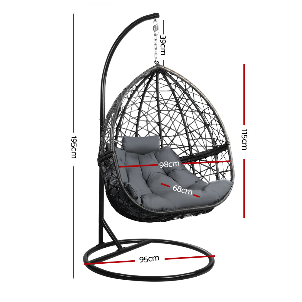 Slate Rattan Hanging Egg Pod Chair with Stand – 100% Hand-Woven Wicker | 360° Swivel | Cushion Included | 150kg | Grey - Greenora Living