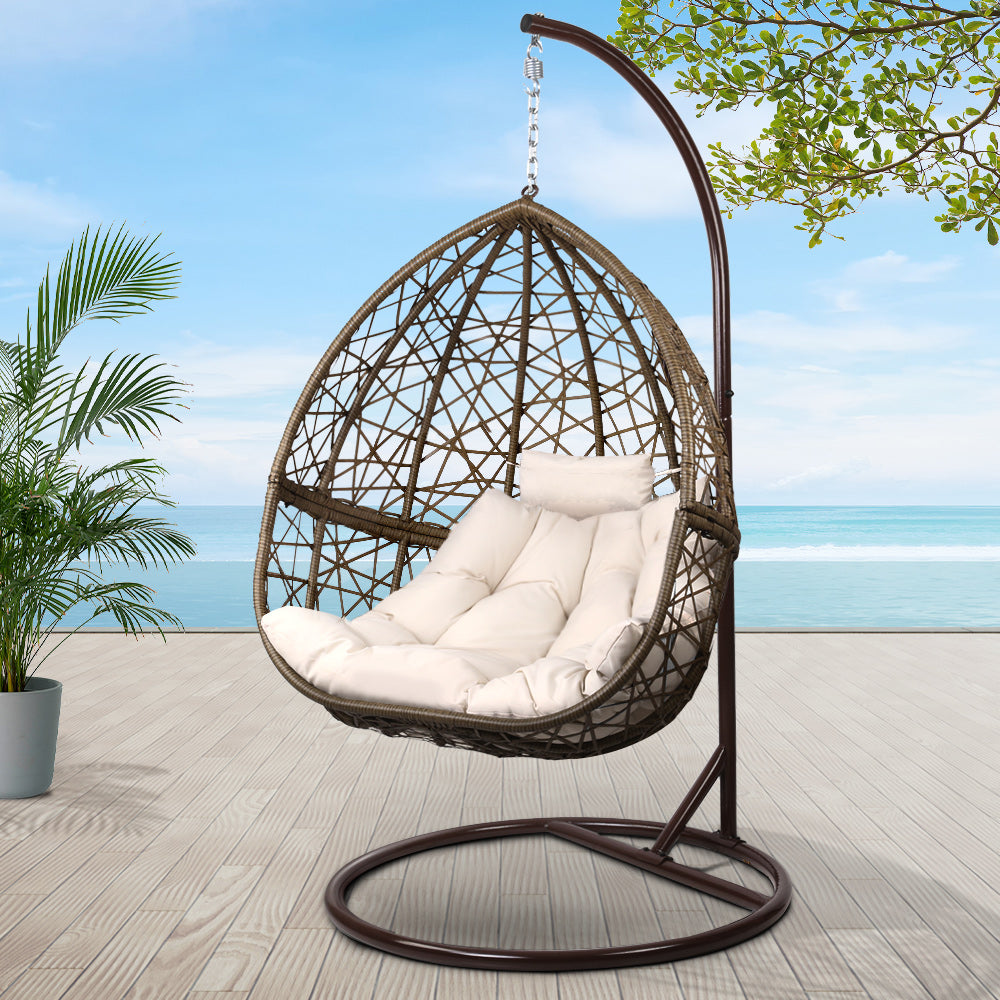 Latte Rattan Hanging Egg Pod Chair with Stand – 100% Hand-Woven Wicker | 360° Swivel | Cushion Included | 150kg - Greenora Living