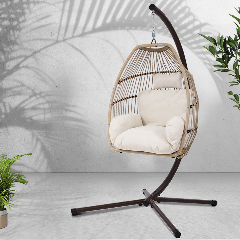 Latte Cocoon Hanging Egg Pod Chair with Stand – 100% Hand-Woven Wicker | 360° Swivel | 150kg - Greenora Living