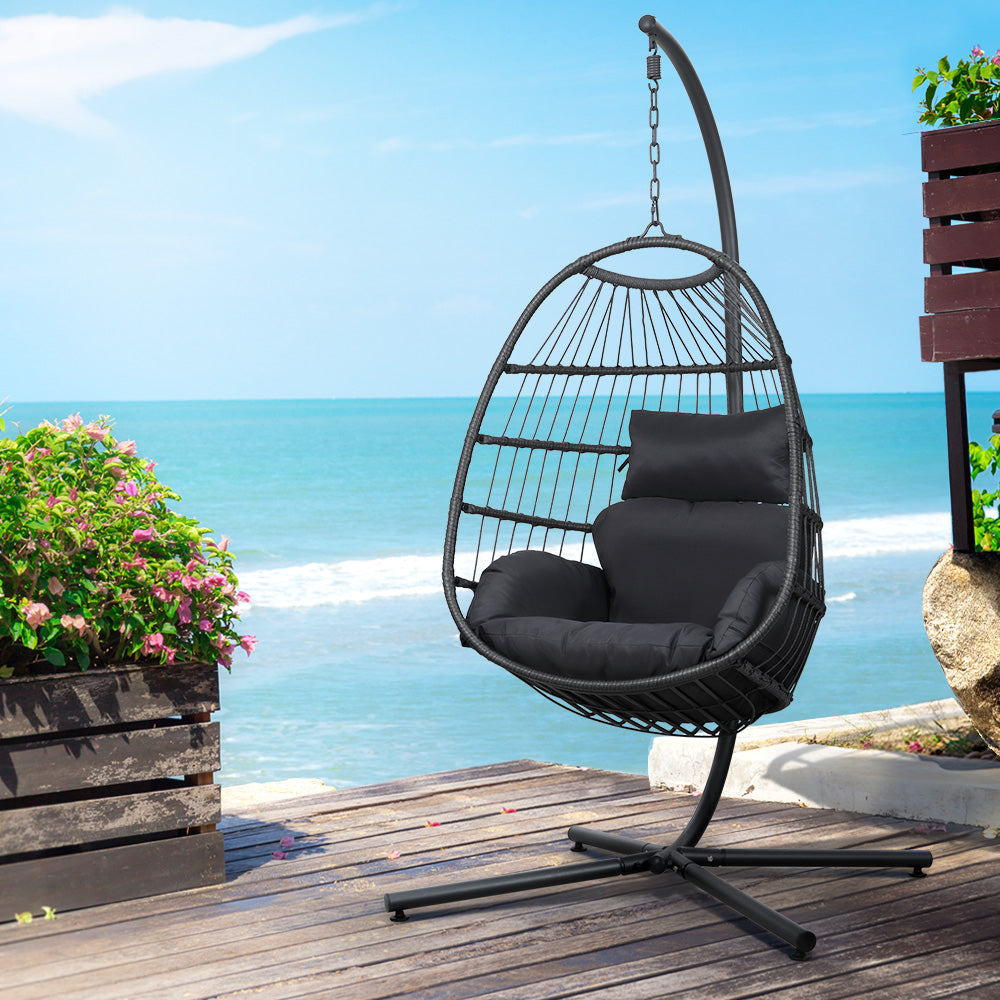 Storm Grey Hanging Egg Pod Chair with Stand – 100% Hand-Woven Wicker | 360° Swivel | 150kg - Greenora Living