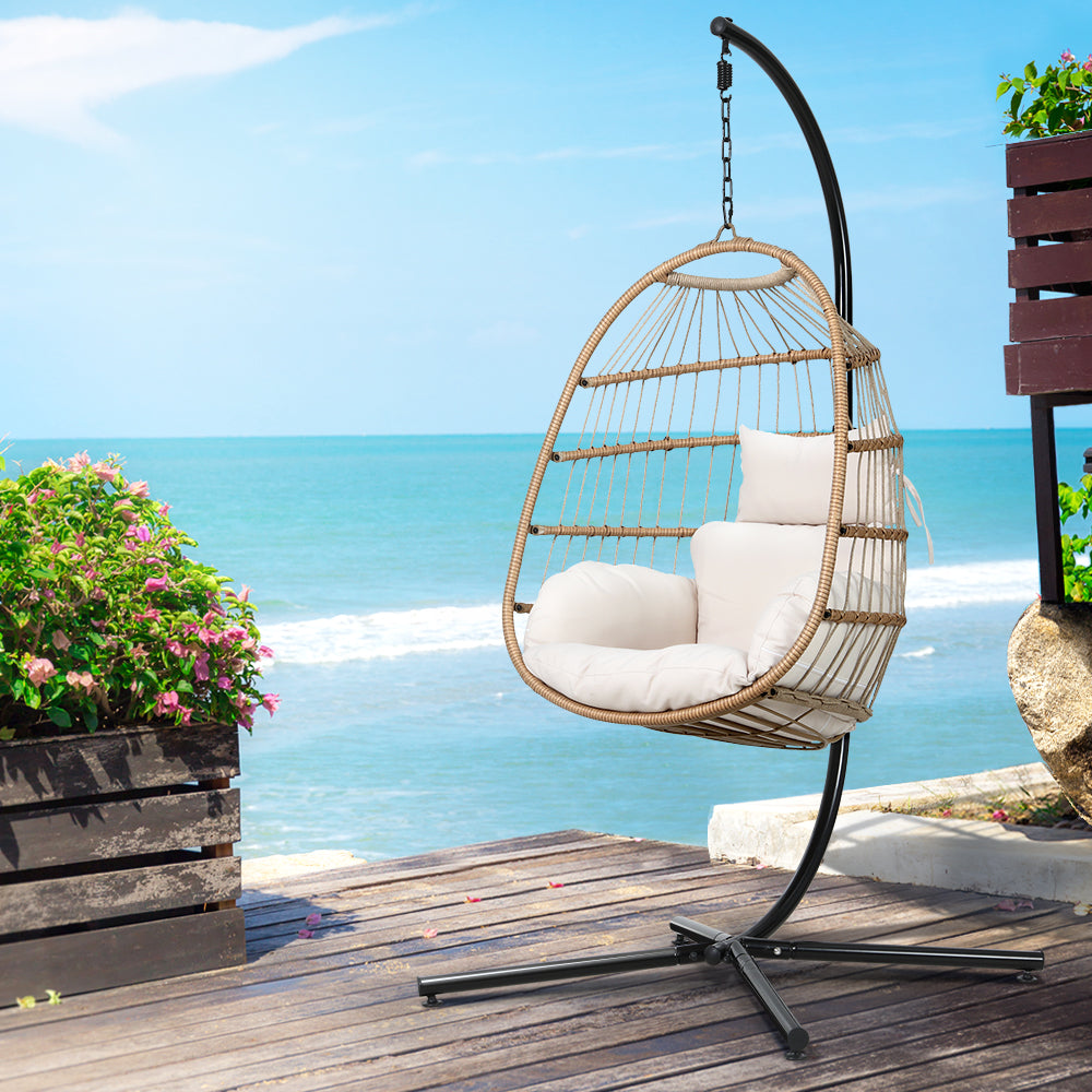 Sunshine Yellow Foldable Hanging Egg Pod Chair with Stand – Hand-Woven Resin Wicker | Fixed Rope | 150kg - Greenora Living