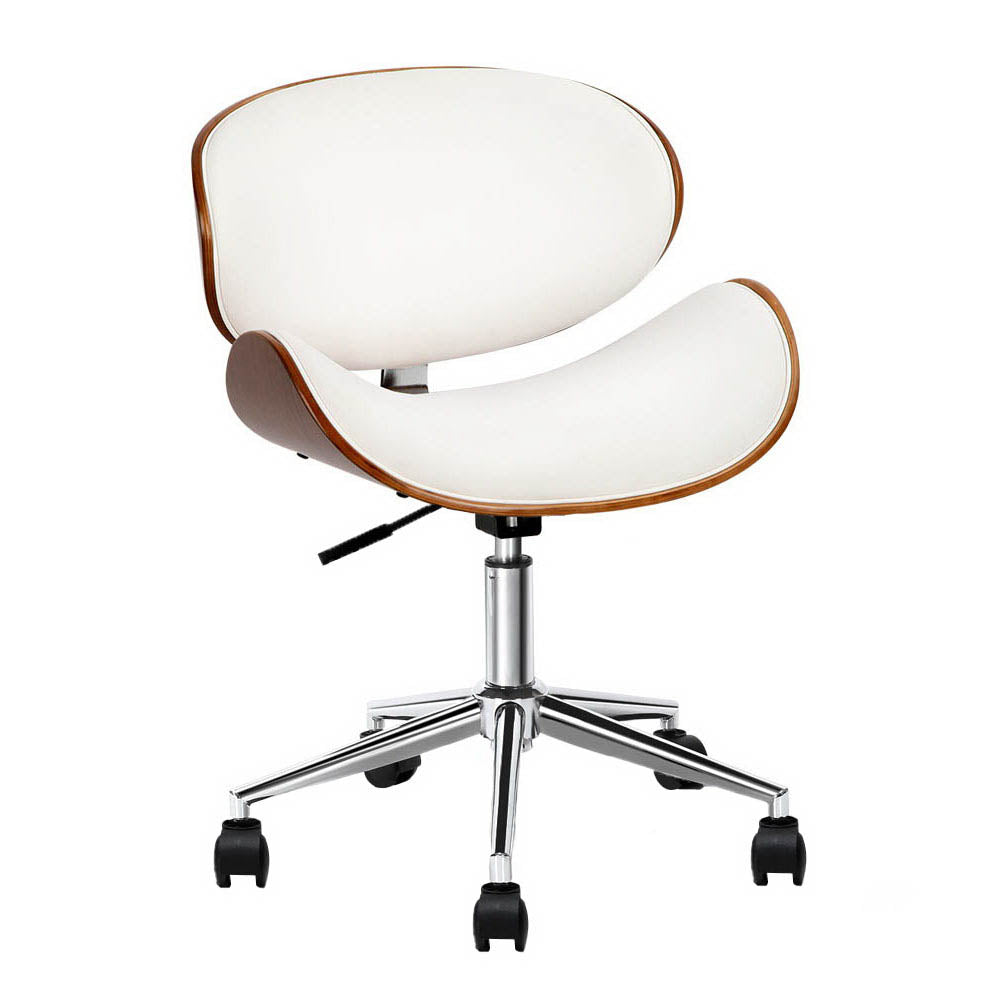 Retro Wooden Office Chair – PU Leather Winged Back | TUV Gas Lift | 360° Swivel | White & Brown - Greenora Living