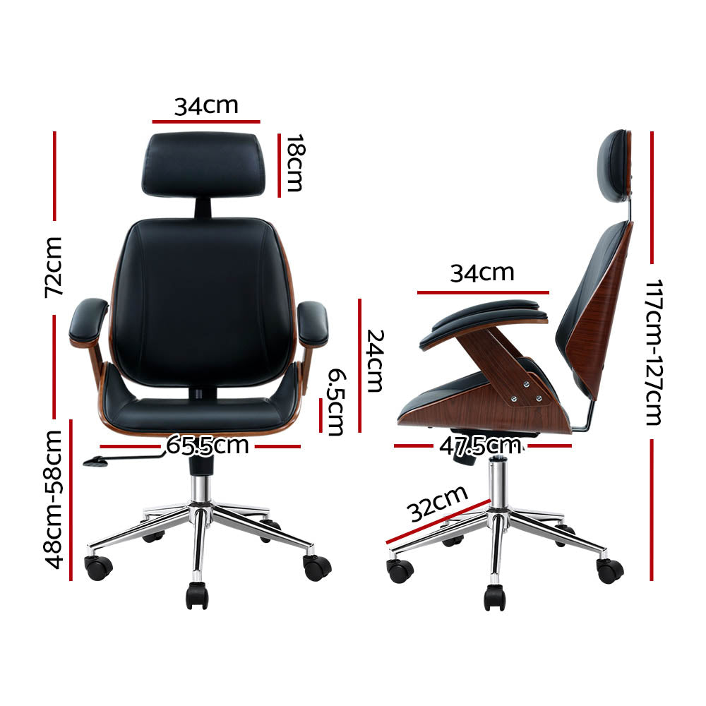 High-Back Wooden Office Chair – PU Leather TUV Gas Lift Chrome Base 120kg | Black - Greenora Living