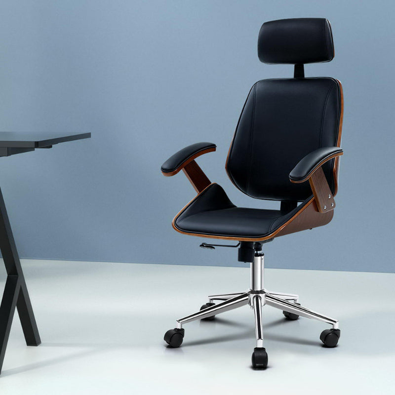 High-Back Wooden Office Chair – PU Leather TUV Gas Lift Chrome Base 120kg | Black - Greenora Living