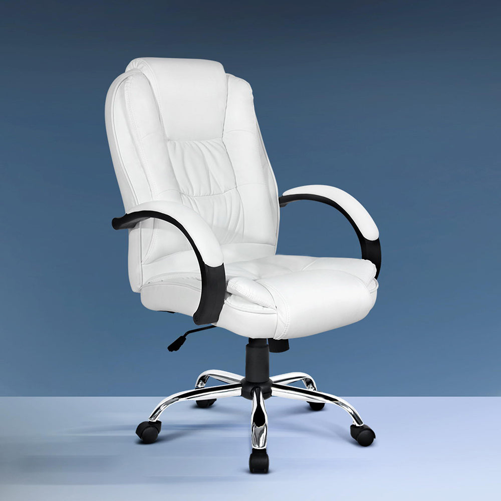 Executive High-Back Office Chair – PU Leather | Padded Headrest & Armrests | Tilt & Swivel | 120kg | White - Greenora Living