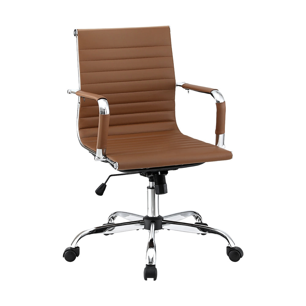 Mid-Back PU Leather Office Chair – Built-In Accessory Rack | Tilt &amp; Swivel | Chrome Base | Brown - Greenora Living