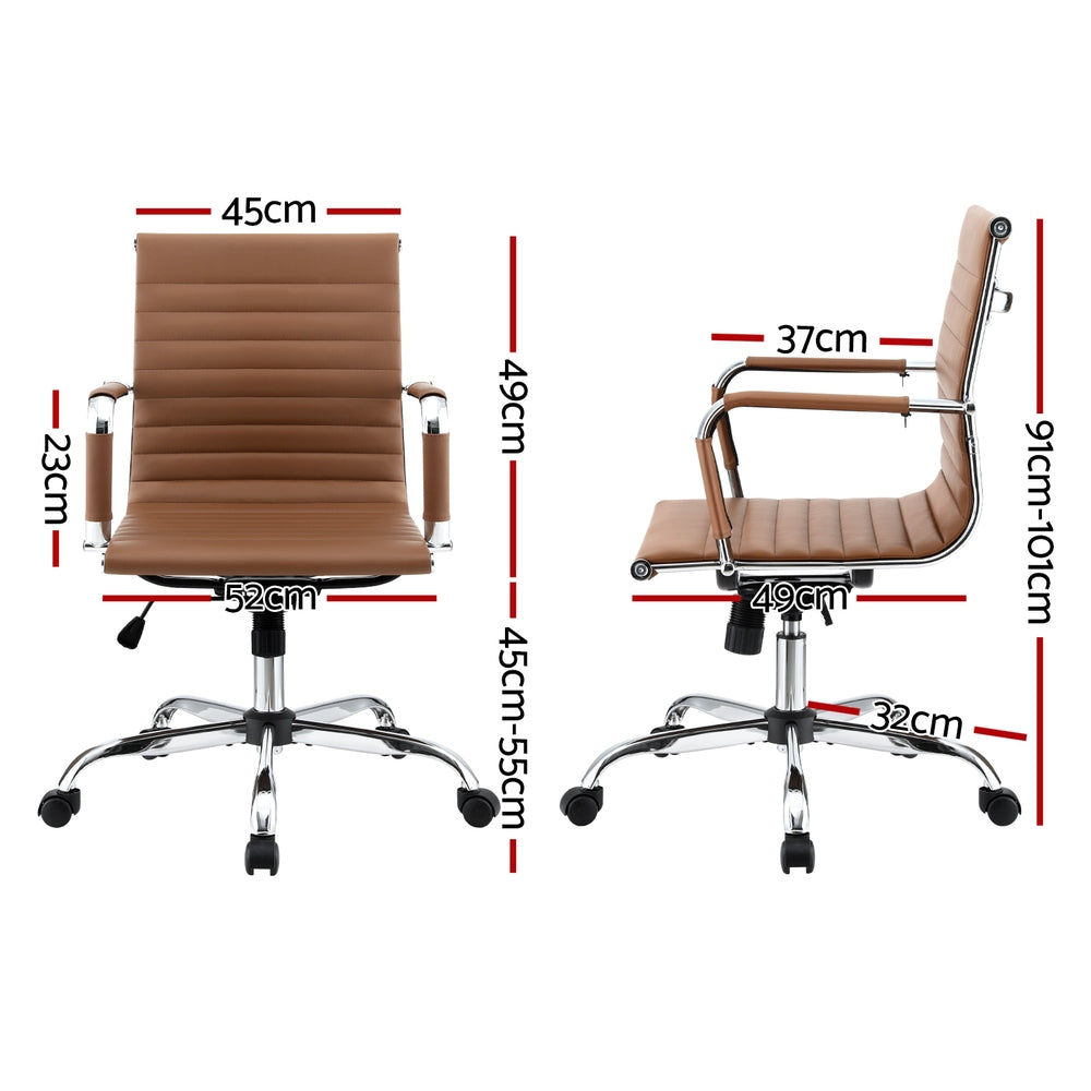 Mid-Back PU Leather Office Chair – Built-In Accessory Rack | Tilt & Swivel | Chrome Base | Brown - Greenora Living