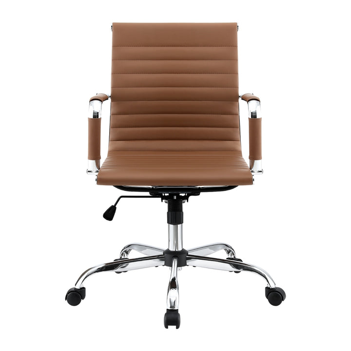 Mid-Back PU Leather Office Chair – Built-In Accessory Rack | Tilt &amp; Swivel | Chrome Base | Brown - Greenora Living