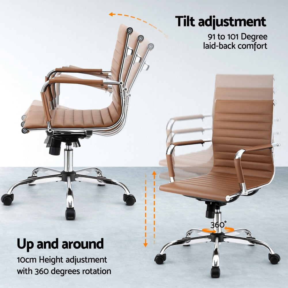 Mid-Back PU Leather Office Chair – Built-In Accessory Rack | Tilt &amp; Swivel | Chrome Base | Brown - Greenora Living