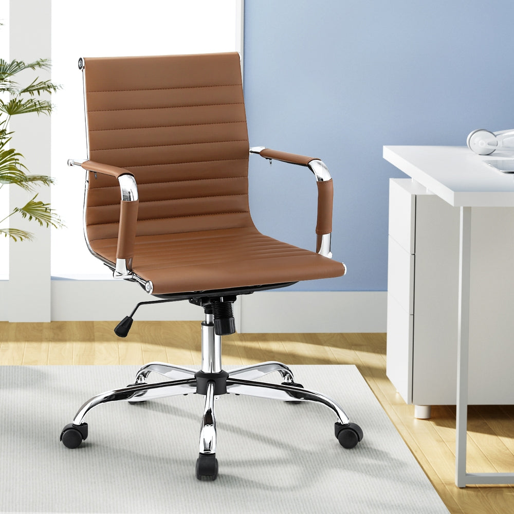 Mid-Back PU Leather Office Chair – Built-In Accessory Rack | Tilt & Swivel | Chrome Base | Brown - Greenora Living