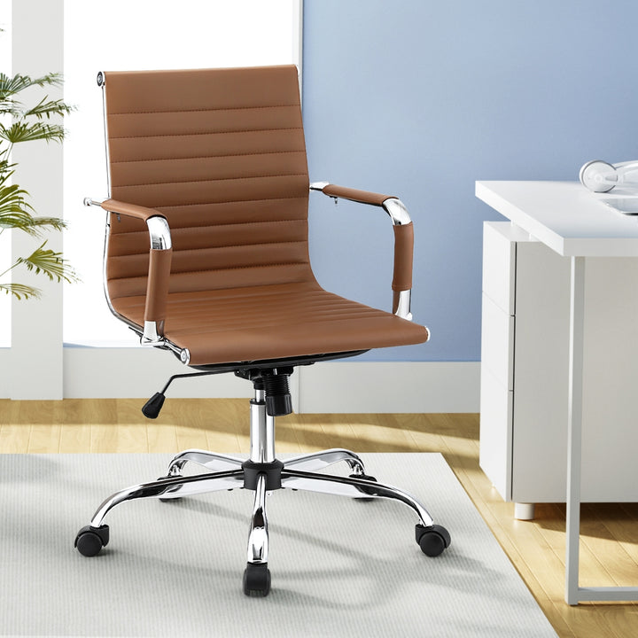 Mid-Back PU Leather Office Chair – Built-In Accessory Rack | Tilt &amp; Swivel | Chrome Base | Brown - Greenora Living