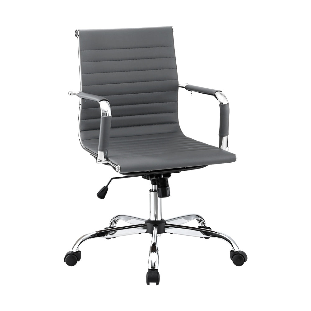 Mid-Back PU Leather Office Chair – Built-In Accessory Rack | Tilt &amp; Swivel | Chrome Base | Grey - Greenora Living