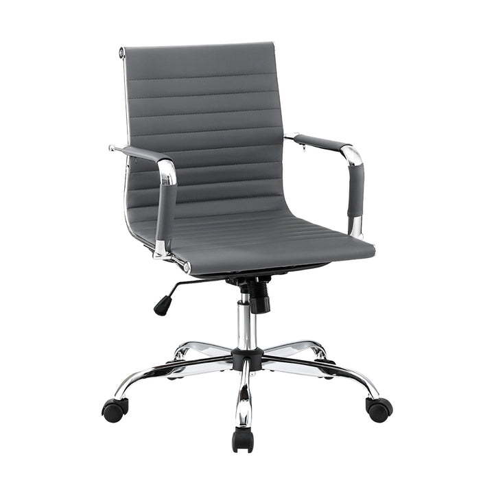 Mid-Back PU Leather Office Chair – Built-In Accessory Rack | Tilt &amp; Swivel | Chrome Base | Grey - Greenora Living