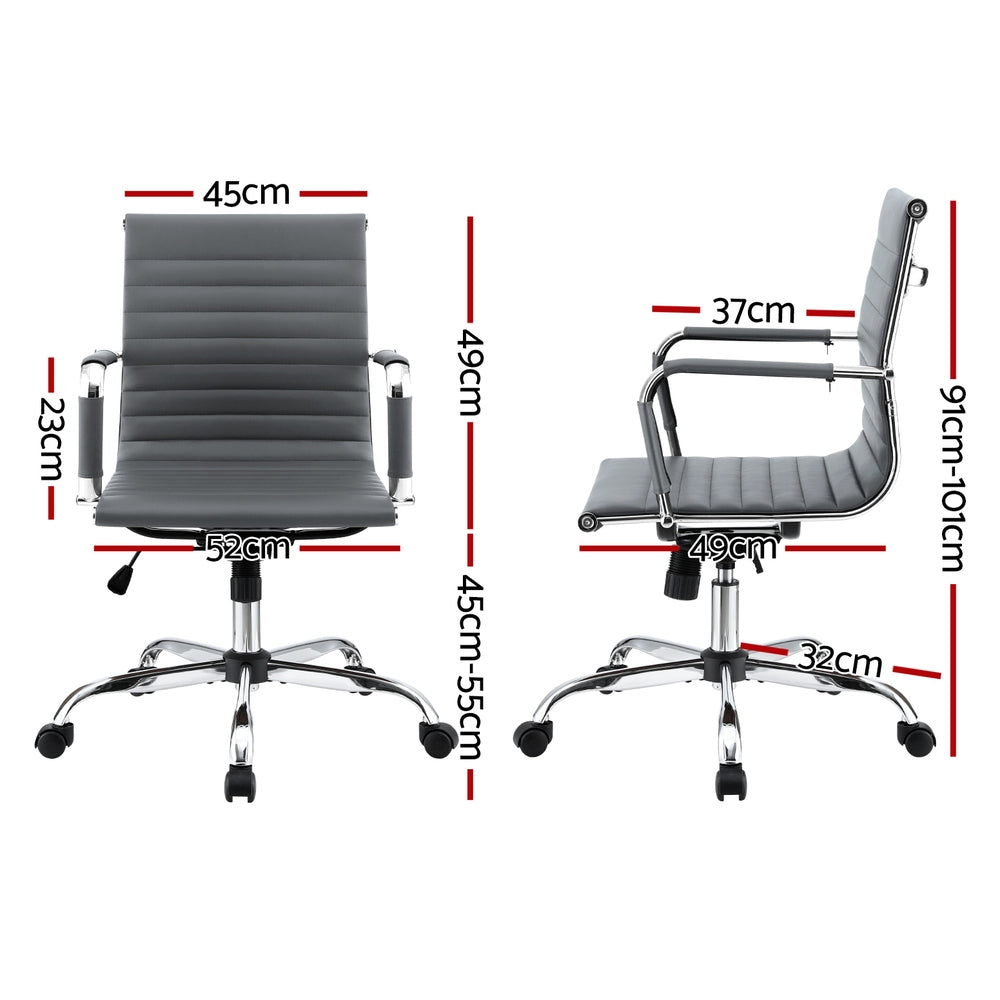 Mid-Back PU Leather Office Chair – Built-In Accessory Rack | Tilt & Swivel | Chrome Base | Grey - Greenora Living