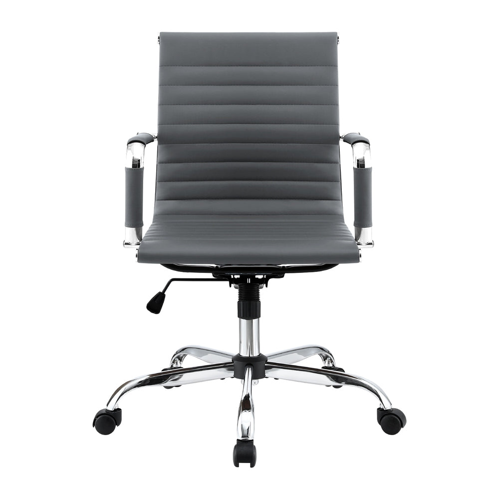 Mid-Back PU Leather Office Chair – Built-In Accessory Rack | Tilt &amp; Swivel | Chrome Base | Grey - Greenora Living