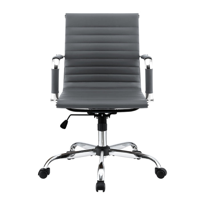 Mid-Back PU Leather Office Chair – Built-In Accessory Rack | Tilt &amp; Swivel | Chrome Base | Grey - Greenora Living