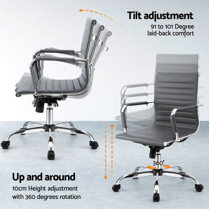 Mid-Back PU Leather Office Chair – Built-In Accessory Rack | Tilt &amp; Swivel | Chrome Base | Grey - Greenora Living