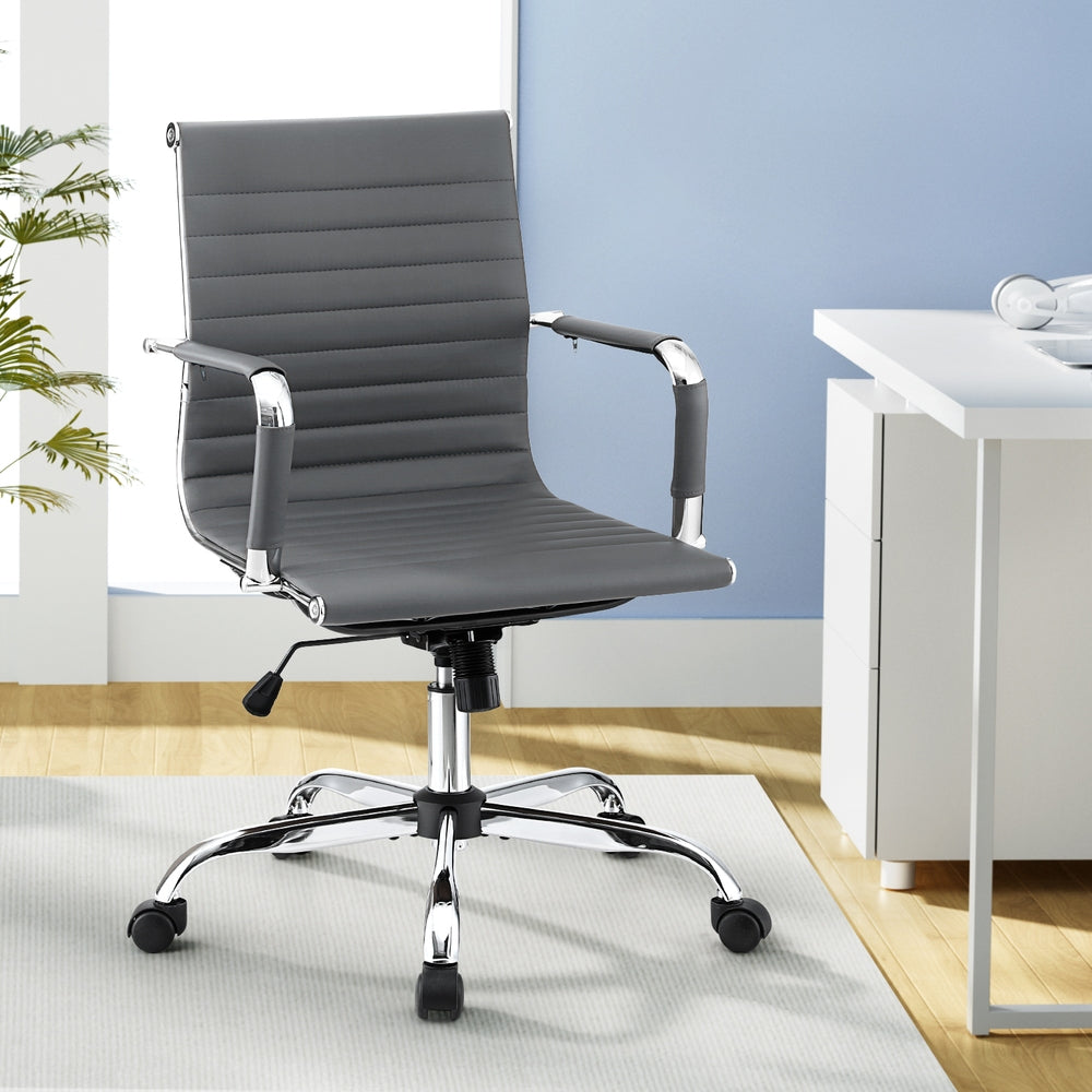 Mid-Back PU Leather Office Chair – Built-In Accessory Rack | Tilt & Swivel | Chrome Base | Grey - Greenora Living
