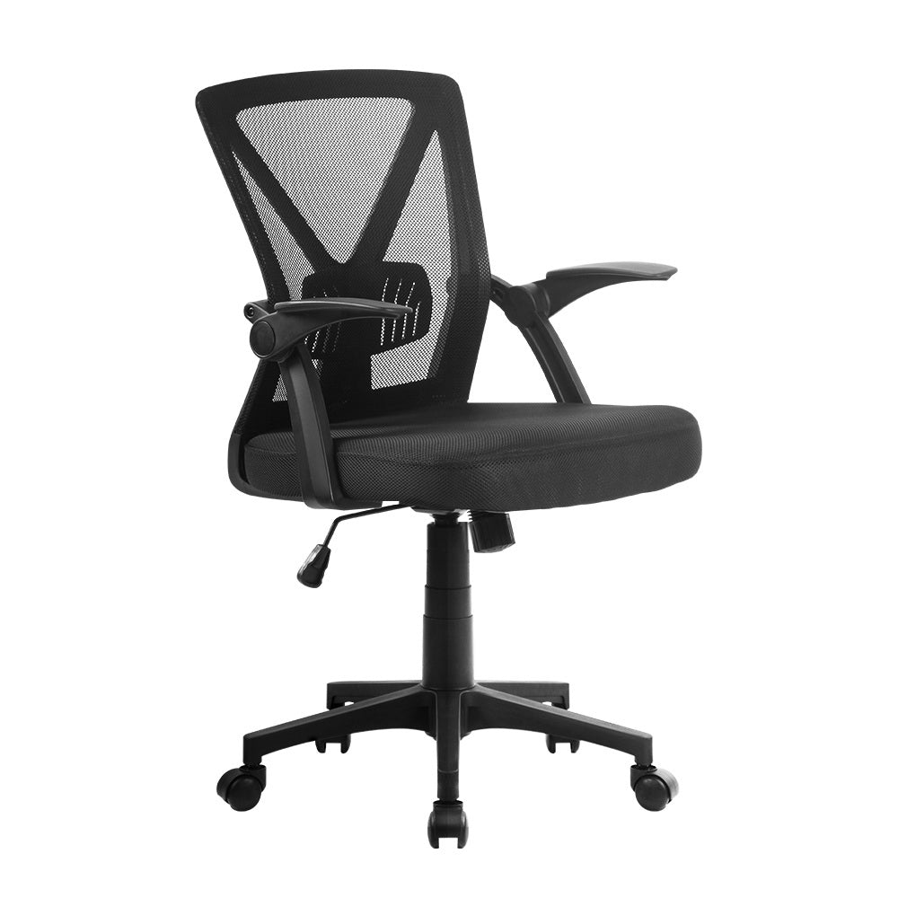 Mid-Back Mesh Office Chair – Adjustable Lumbar Support | Flip-Up Armrests | Tilt & Swivel | Black - Greenora Living