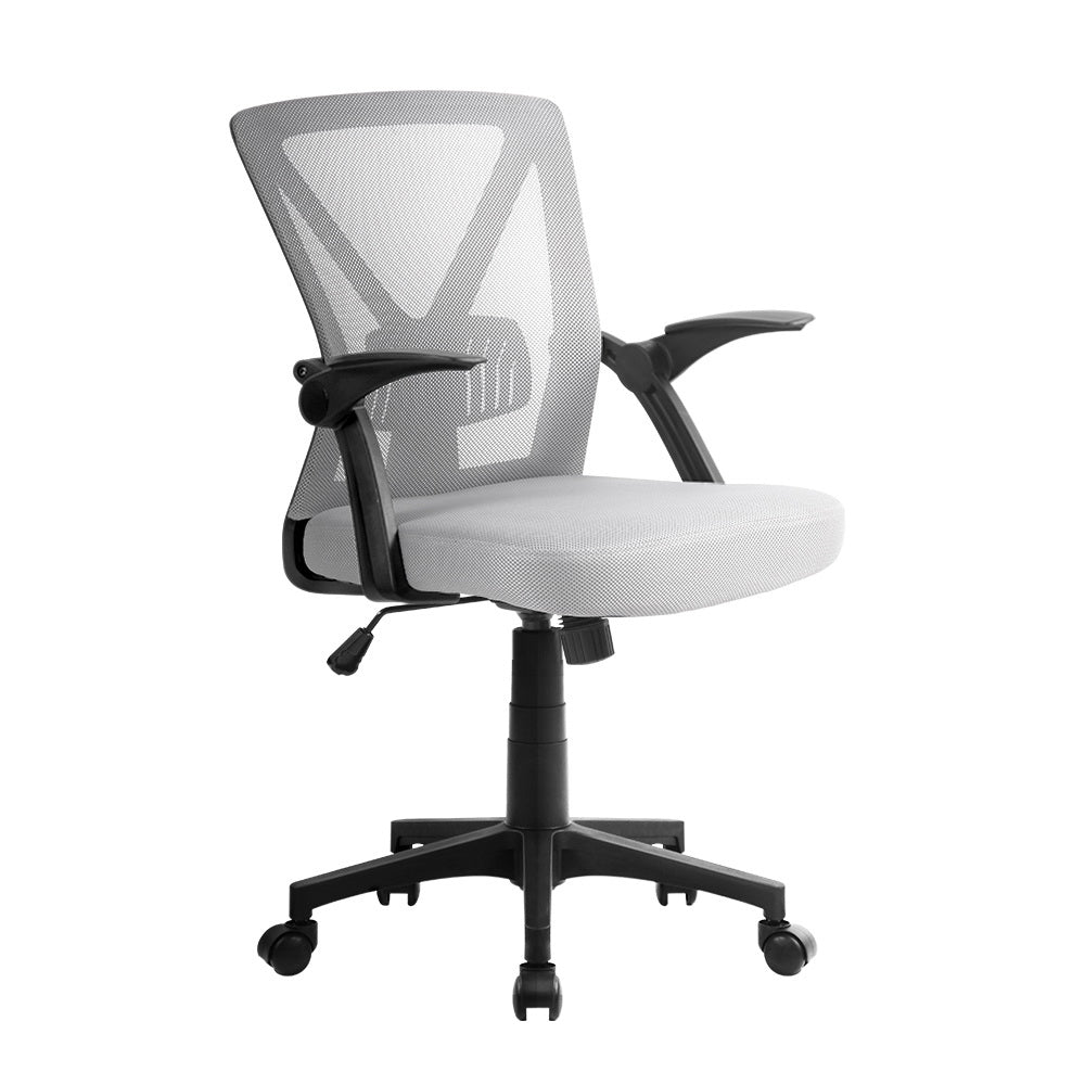 Mid-Back Mesh Office Chair – Adjustable Lumbar Support | Flip-Up Armrests | Tilt & Swivel | 120kg | Grey - Greenora Living