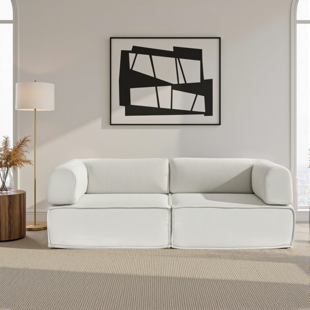 Corduroy Fold 2-Seater Convertible Sofa Bed with Steel Frame in Beige - Greenora Living
